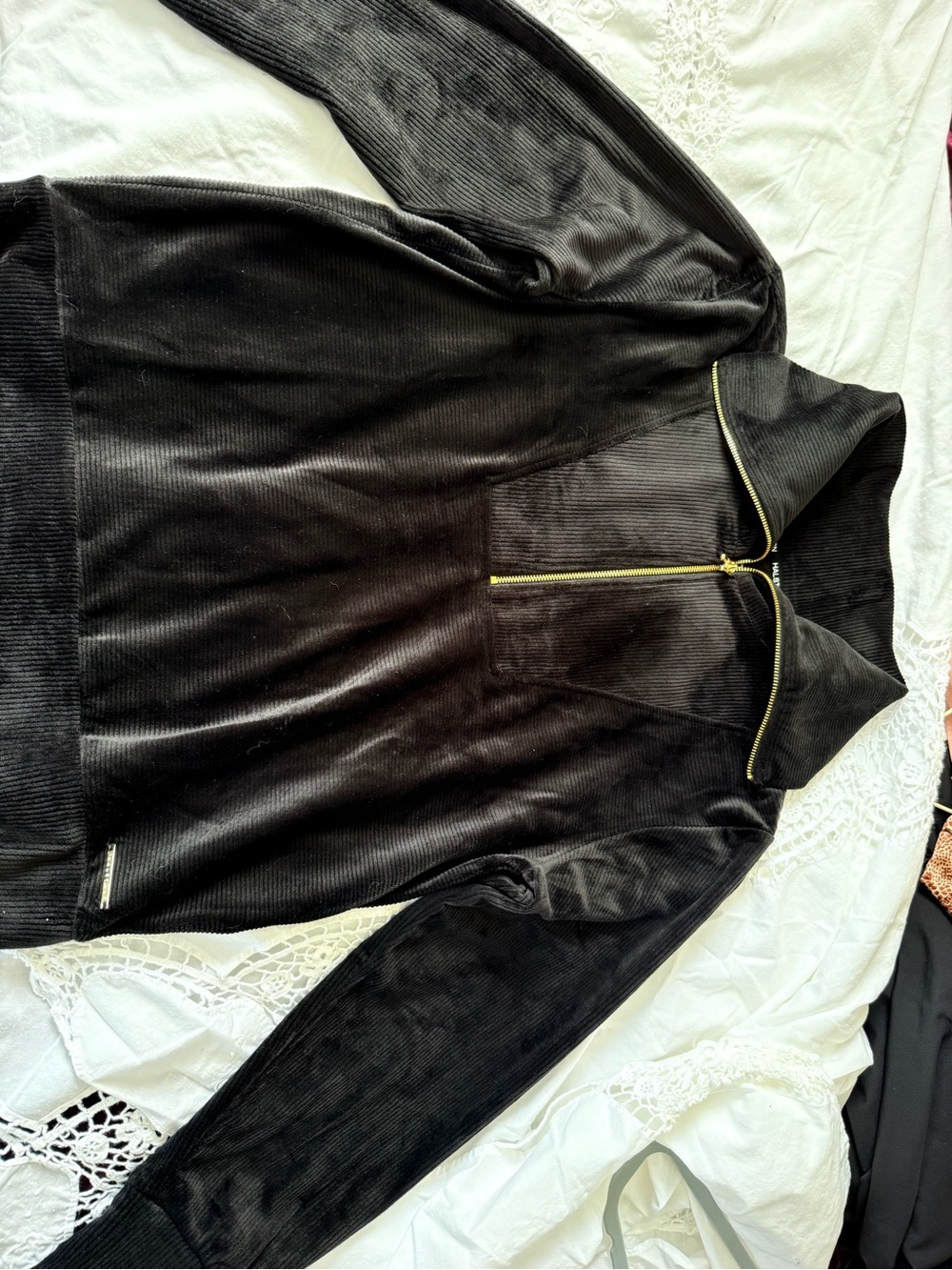 Black Corduroy Half-Zip Jacket with Gold Trim - Women